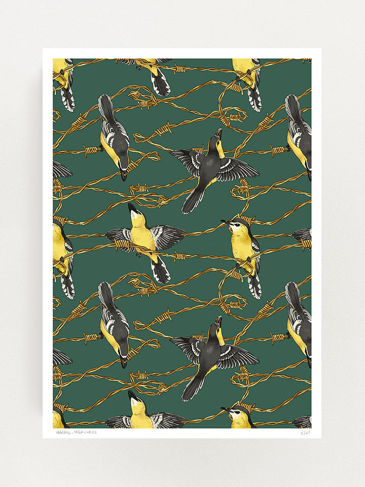 repeat pattern of barbed wire and yellow birds on a dark green background, designed by useless treasures. 