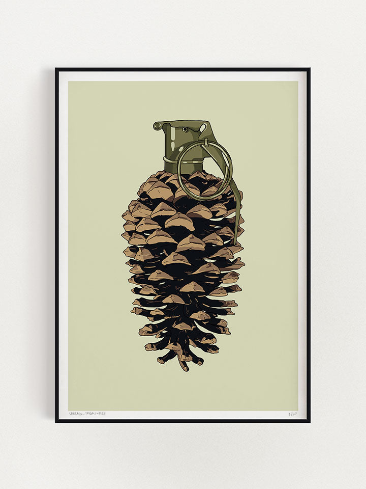 A surreal drawing of a hand grenade that looks like a pine cone on a light green background. A work by contemporary Berlin artist "Useless Treasures". This contemporary Berlin art is a limited exclusive fine art print in the spirit of Berlin gallery art.