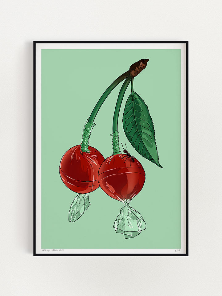 A surreal botanical illustration of two red cherries warrep like lollypop with an ant. A work by contemporary Berlin artist "Useless Treasures". This contemporary Berlin art is a limited exclusive fine art print in the spirit of Berlin gallery art.