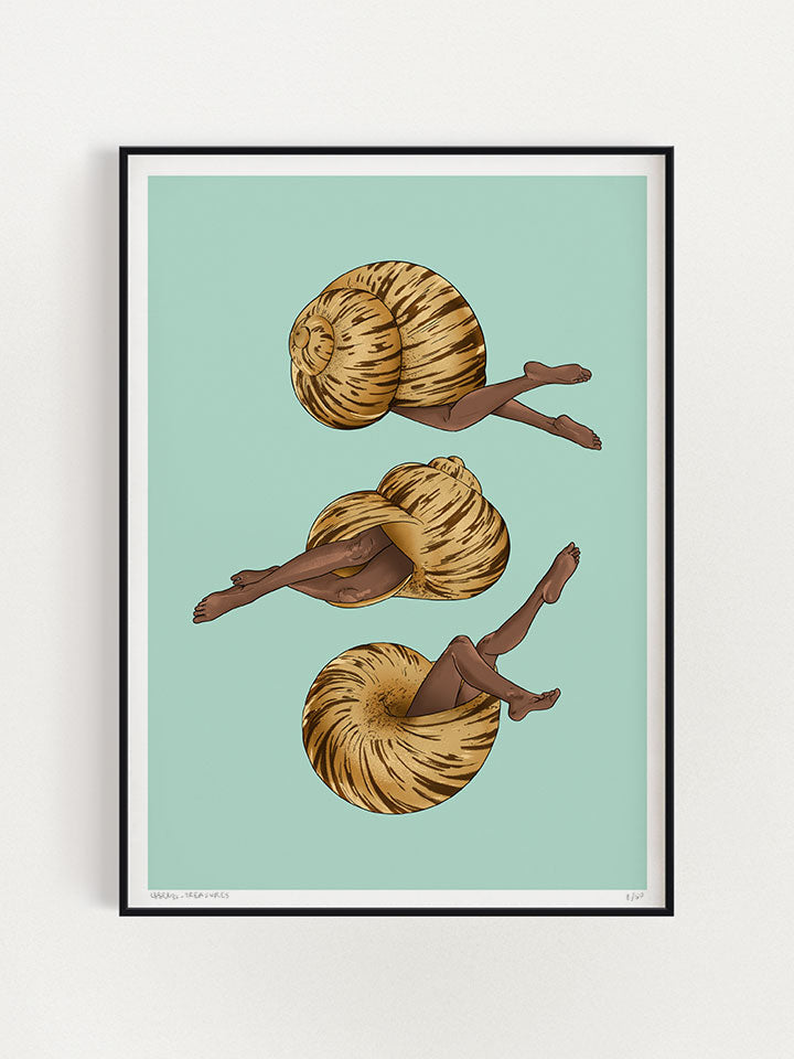 Print original wall art painting by Berlin-based artist Useless Treasures.​ vintage guide style illustration of three snail shells with woman legs on a light blue background. 