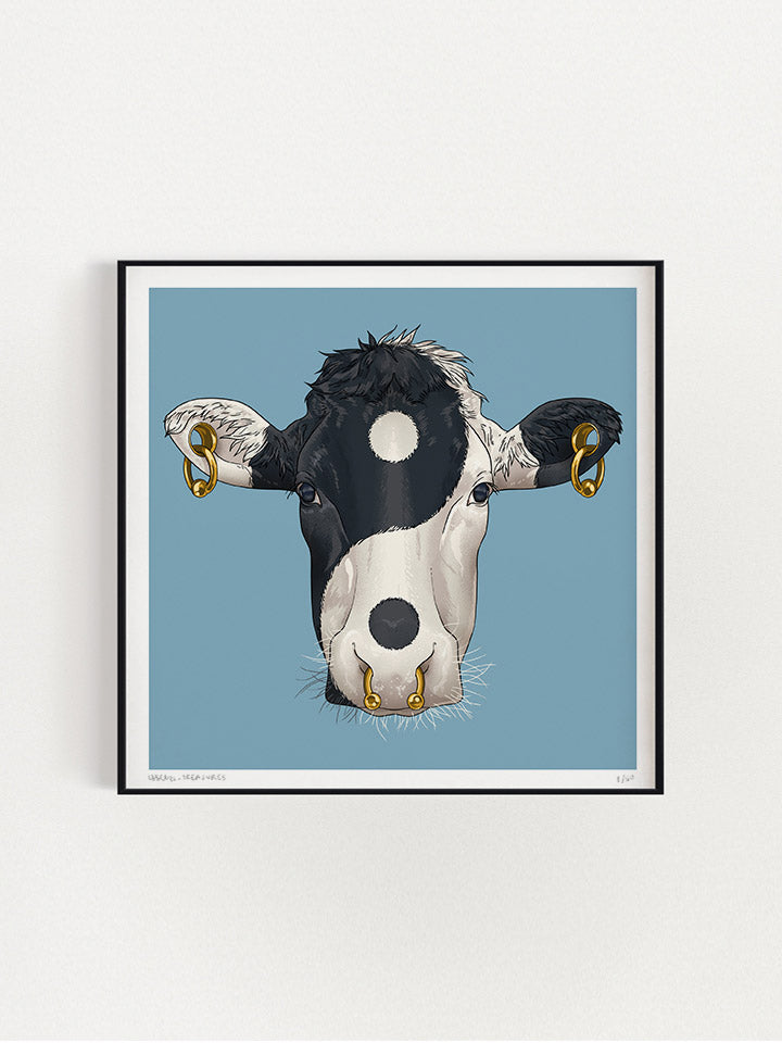 Print original wall art painting by Berlin-based artist Useless Treasures. Pop art style illustration of a cow head that looks like ing yang and gold piercing and jewelry 
