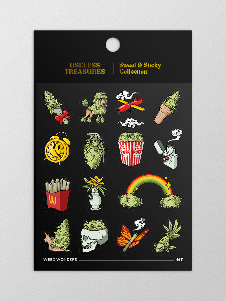 Packaged in black and gold paper Original art sticker sheet, semi-transparent material. collection of surreal illustrations of weed by useless treasures. 
