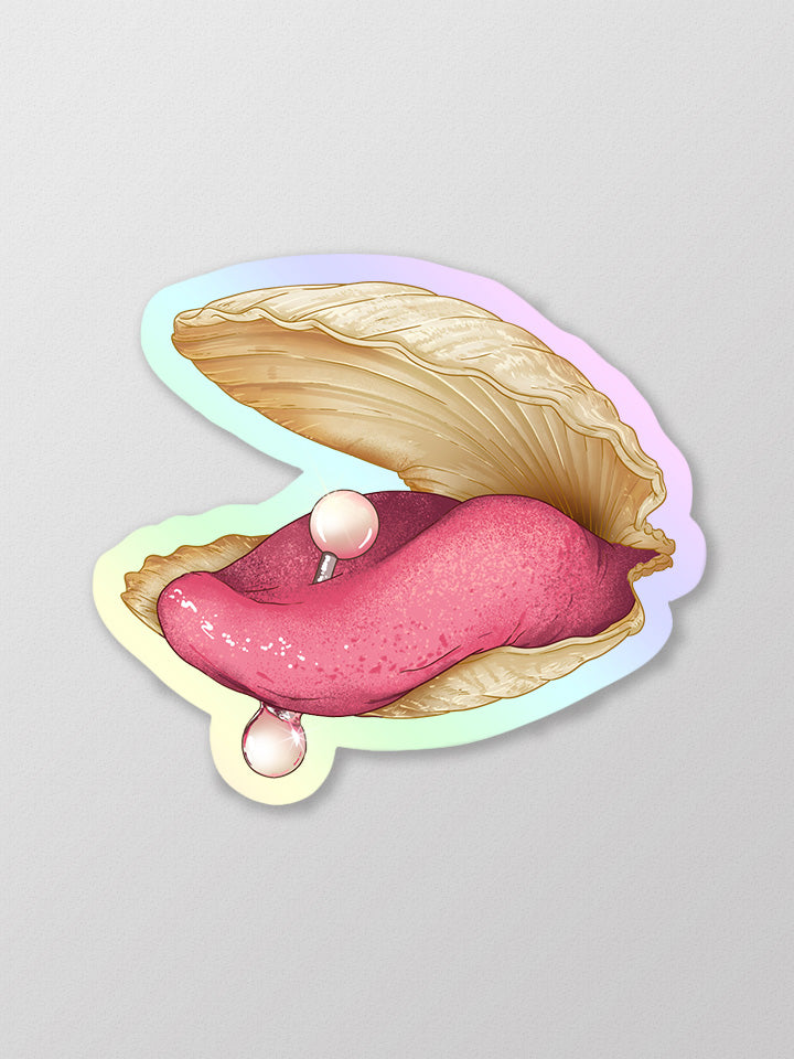 a holographic sticker of a mother of Pearl - Pop art style illustration of a shell, oyster with a large tongue with a pearl piercing.
