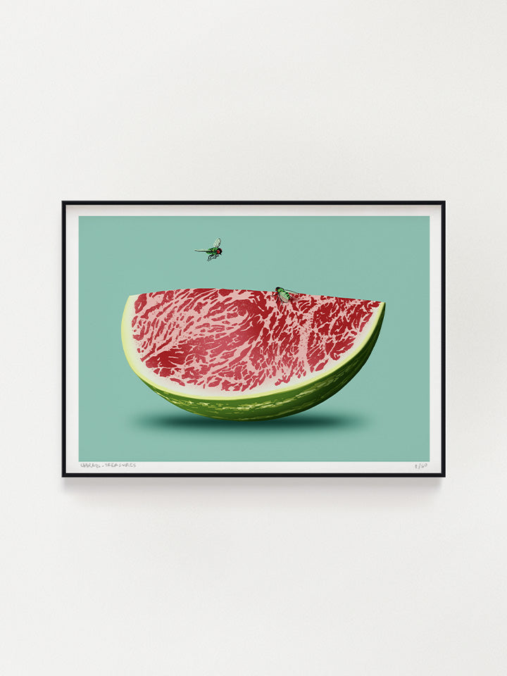 Print original wall art painting by Berlin-based artist Useless Treasures. Pop art style illustration of ​a wtermelon made of fresh meat and two flies above it. 