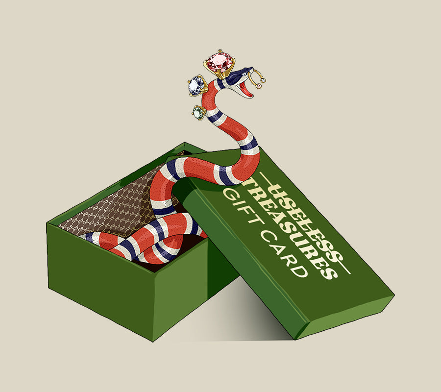 an illustration of a green shoe box half opened, with a large coral snake coming out of the box. on the box written "useless treasures" gift card