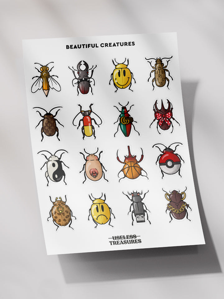 An A6 pack of tiny, super cute semi-transparent vinyl stickers of different bugs that were illustrated with an extra character- Art by useless treasures