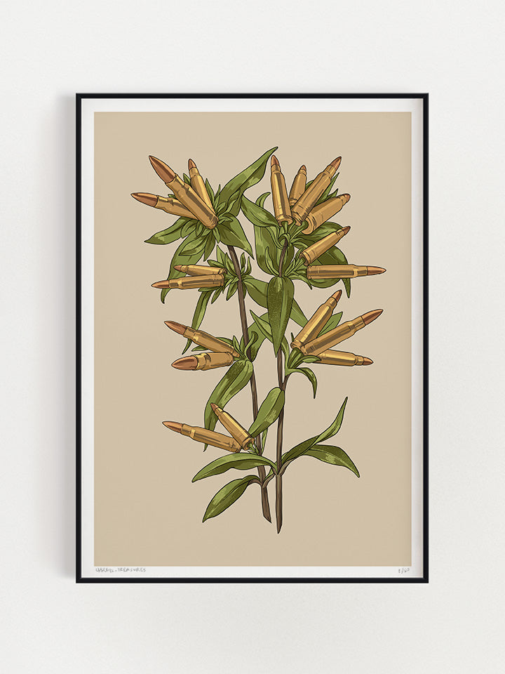 A green flower illustration that his flower made of rifle bullets on top of beige background - Art by useless treasures 