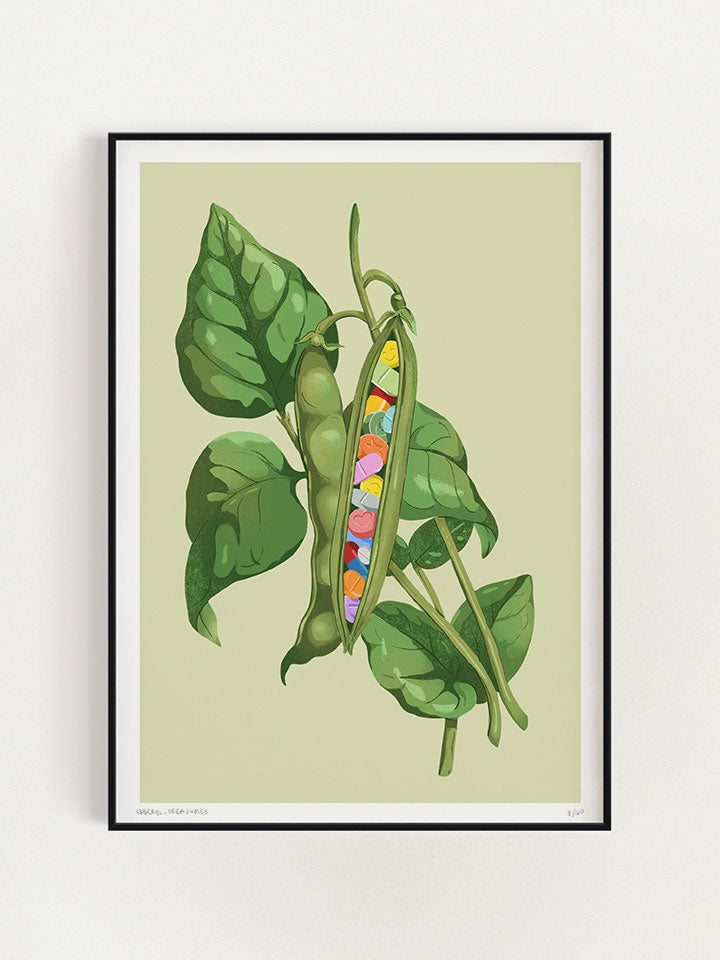 Print wall art painting by Berlin based artist Useless Treasures. Vintage-inspired botanical illustration of a bean pod filled with colorful pills on a light green background. 