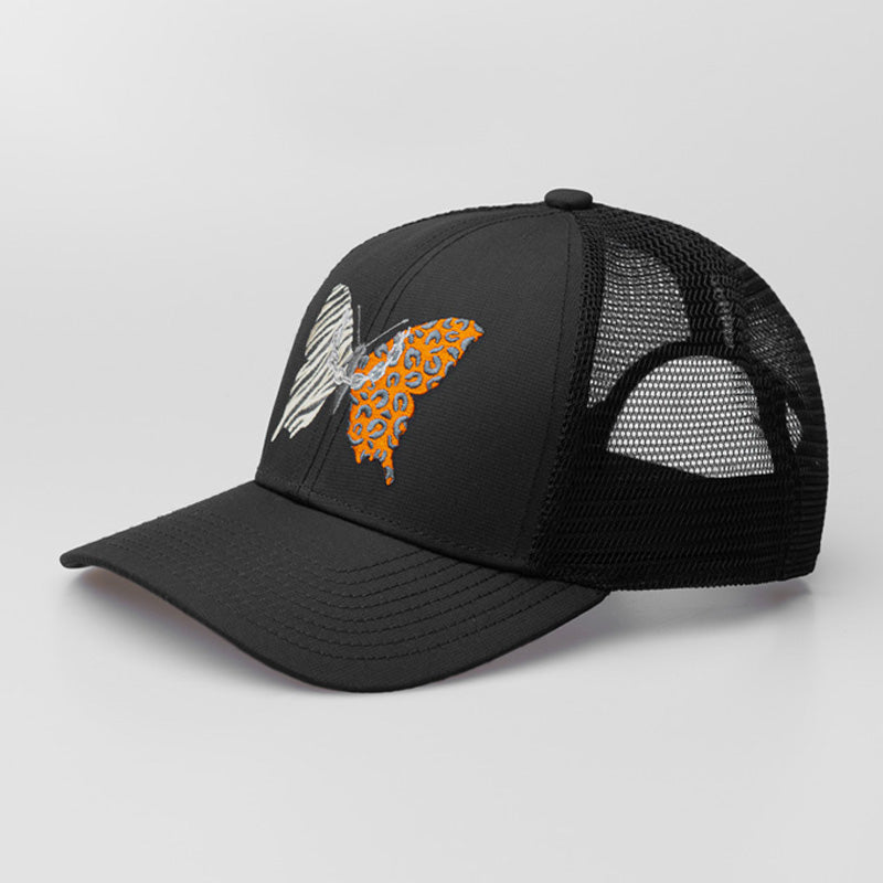  A Black On & Off x Useless Treasures Trucker hat with embroidery of Butterfly with leopard patterns on his wings and chain - designed by useless treasures.