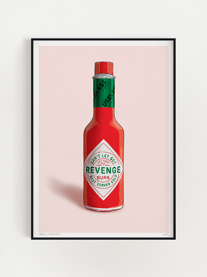 Illustration of Tabasco bottle on top of pink background that says on the label "can’t let go, revenge, burn, best served cold."- Art by useless treasures