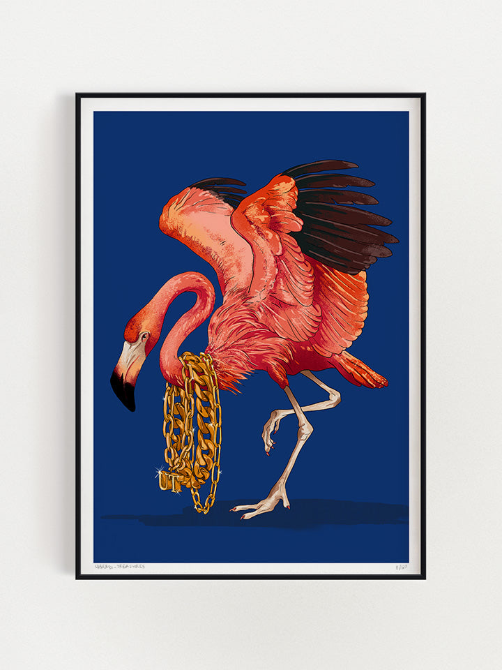 An Illustration of a pink flamingo that wears many golden neckless on his neck, on top of blue  background  - Art by useless treasures  