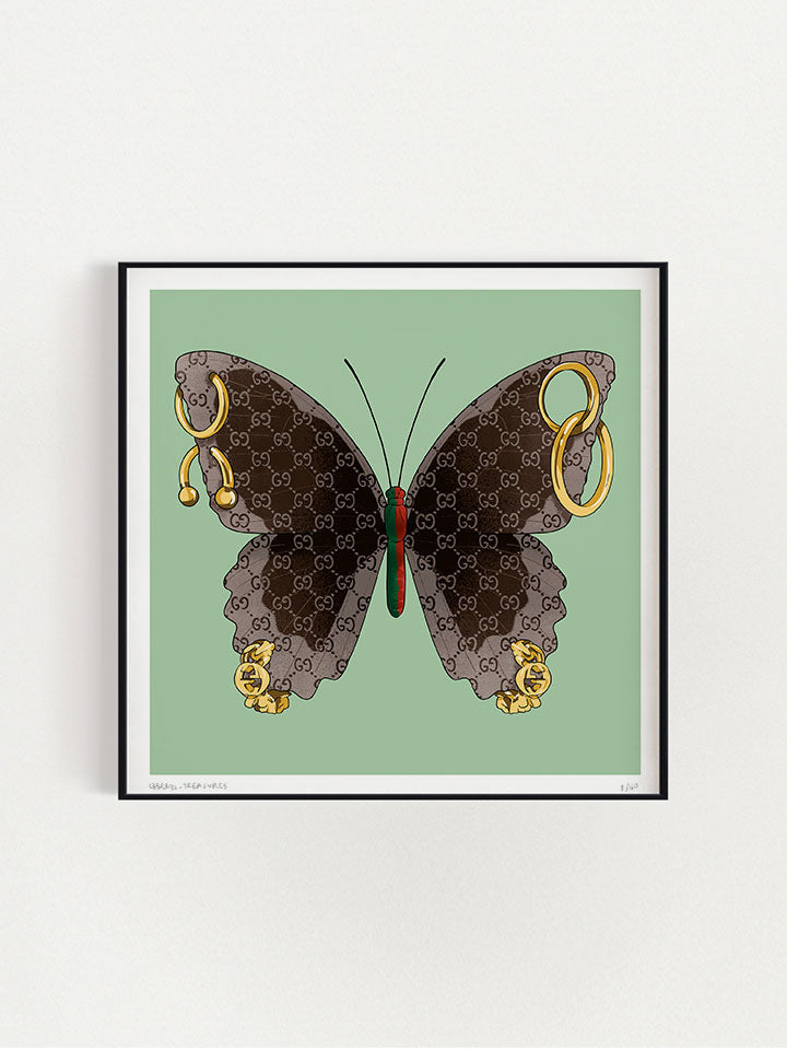 My micelle - Print wall art painting by Berlin-based artist Useless Treasures. An illustration of a butterfly with brown Gucci pattern and gold jewelry and gold piercings 