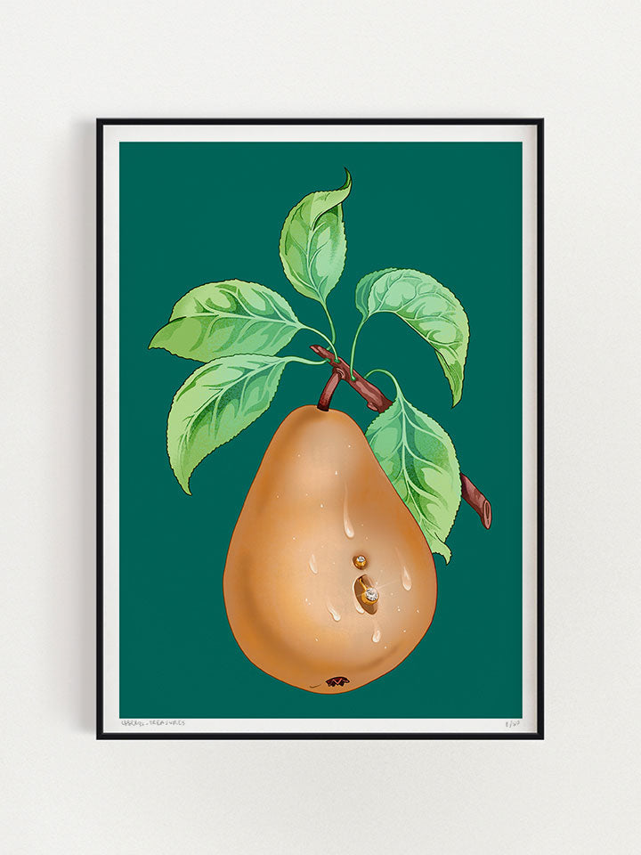Print wall art painting by Berlin-based artist Useless Treasures. Vintage-inspired botanical illustration of a juicy pear with a belly piercing on a dark green background. 