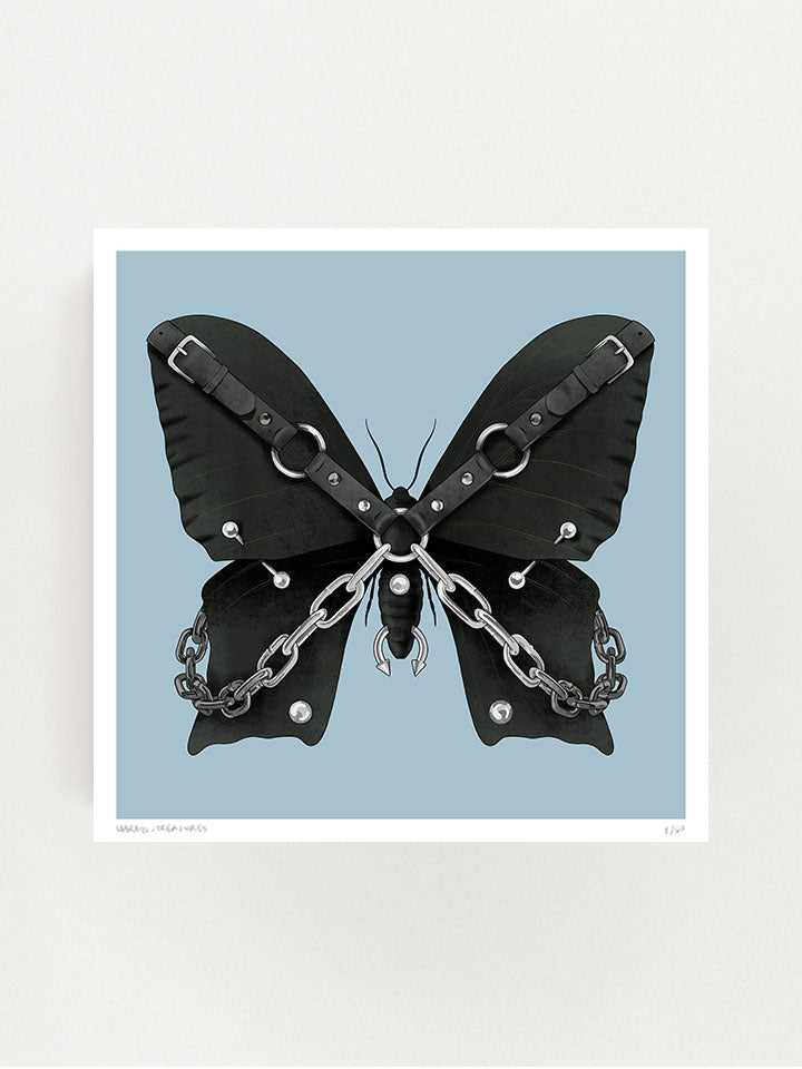 Black butterfly Illustration with hardness and chains on top of light blue background - Art by useless treasures