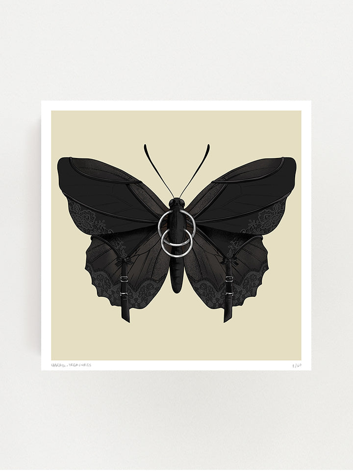 Black butterfly Illustration with black laces and piercings on top of beige background - Art by useless treasures
