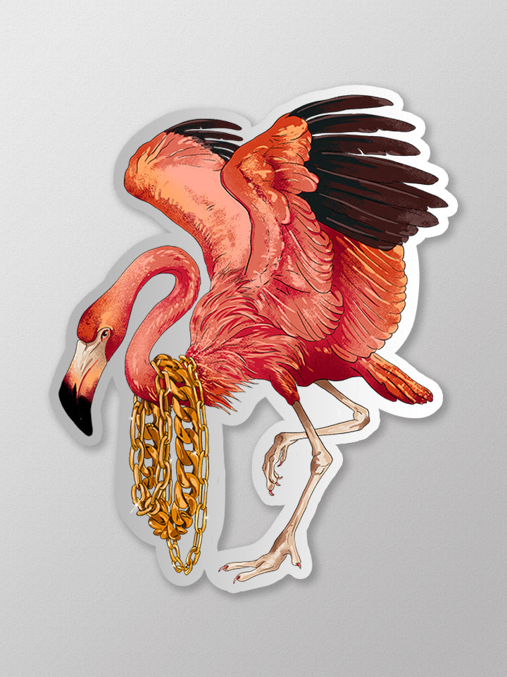 Mirror sticker with golden details of a pink flamingo that wears many golden neckless on his neck - Art by useless treasures 