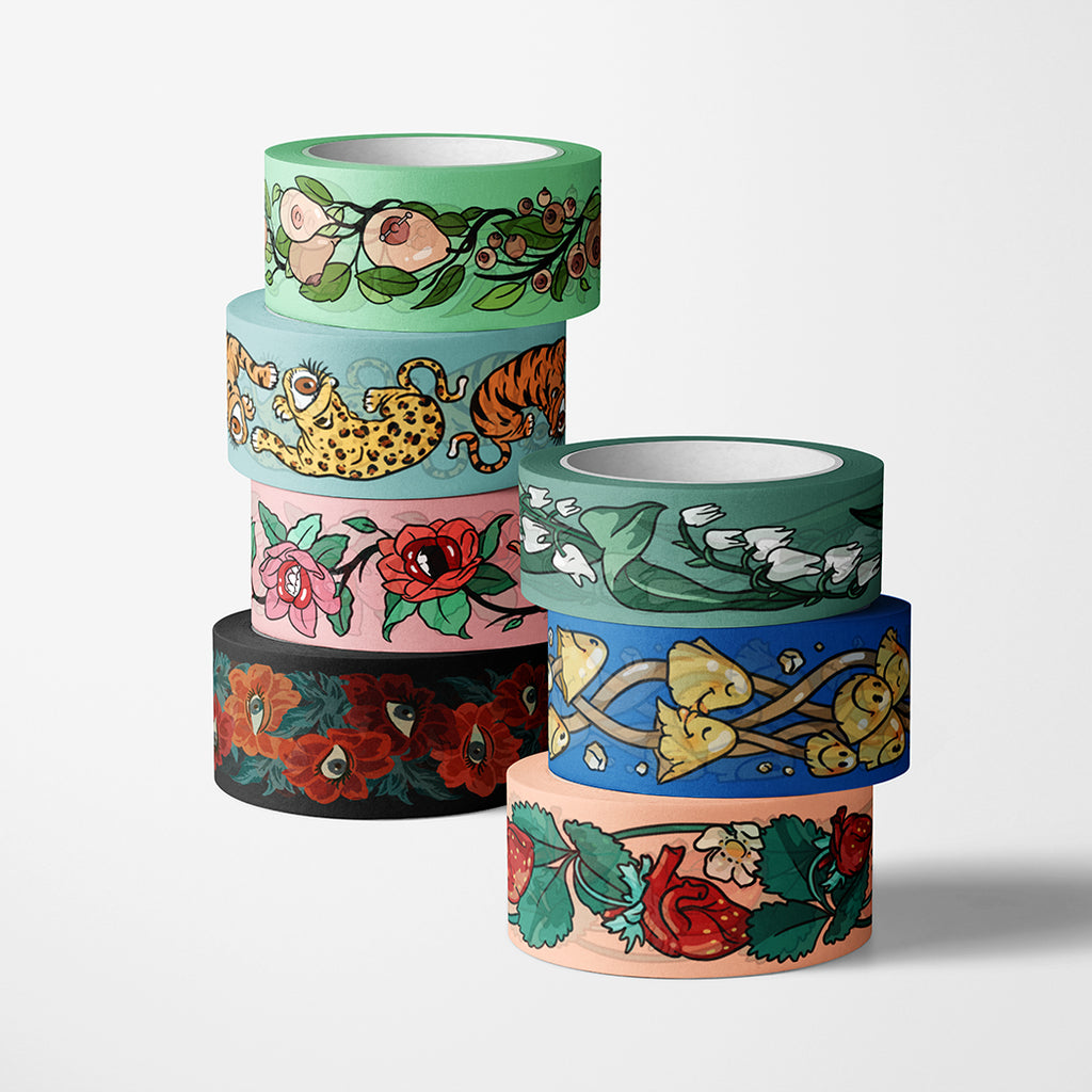 A stack of colorful washi tapes, with illustrations by useless treasures.