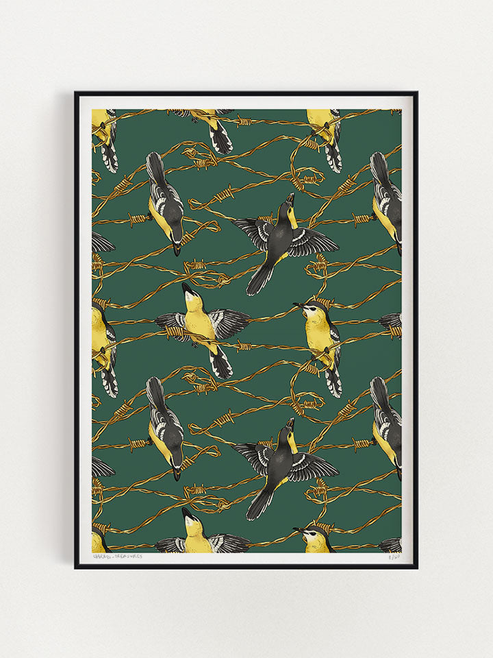 repeat pattern of barbed wire and yellow birds on a dark green background, designed by useless treasures. 