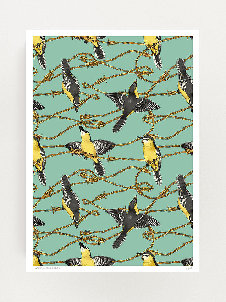 repeat pattern of barbed wire and yellow birds on a light green background, designed by useless treasures. 