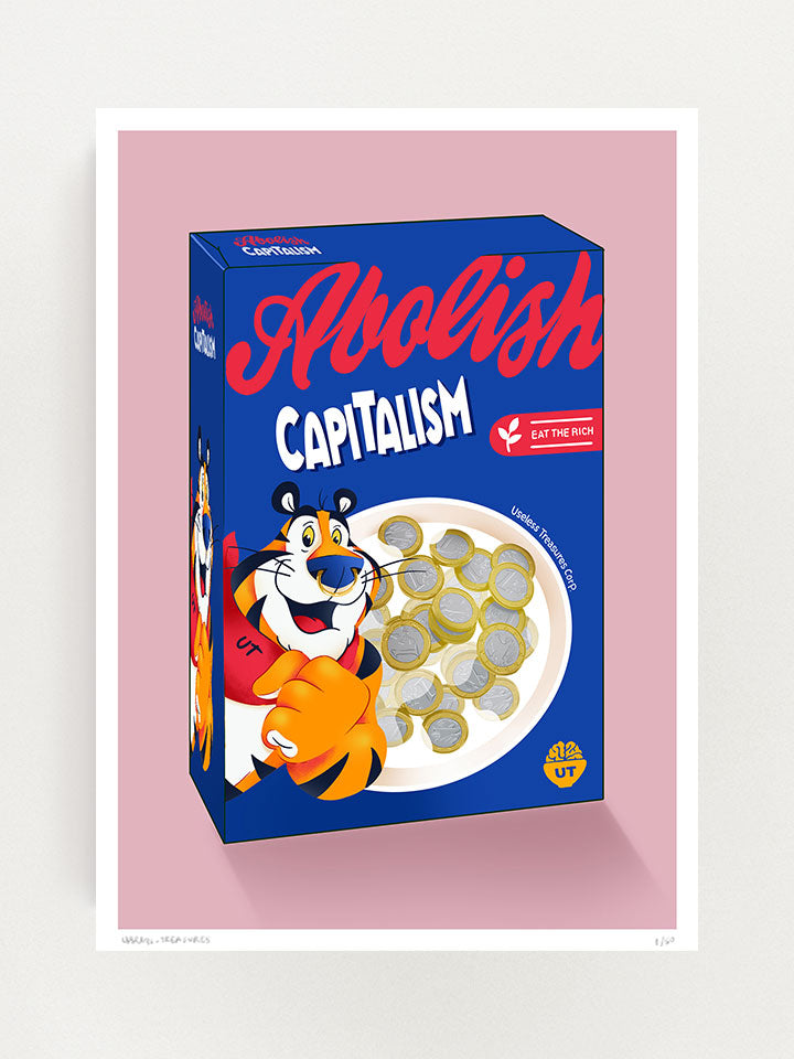 A surreal pop-art of a cornflaks box, frosties with coins in the bowl saying abolish capitalism. A work by contemporary Berlin artist "Useless Treasures". This contemporary Berlin art is a limited exclusive fine art print in the spirit of Berlin gallery art.