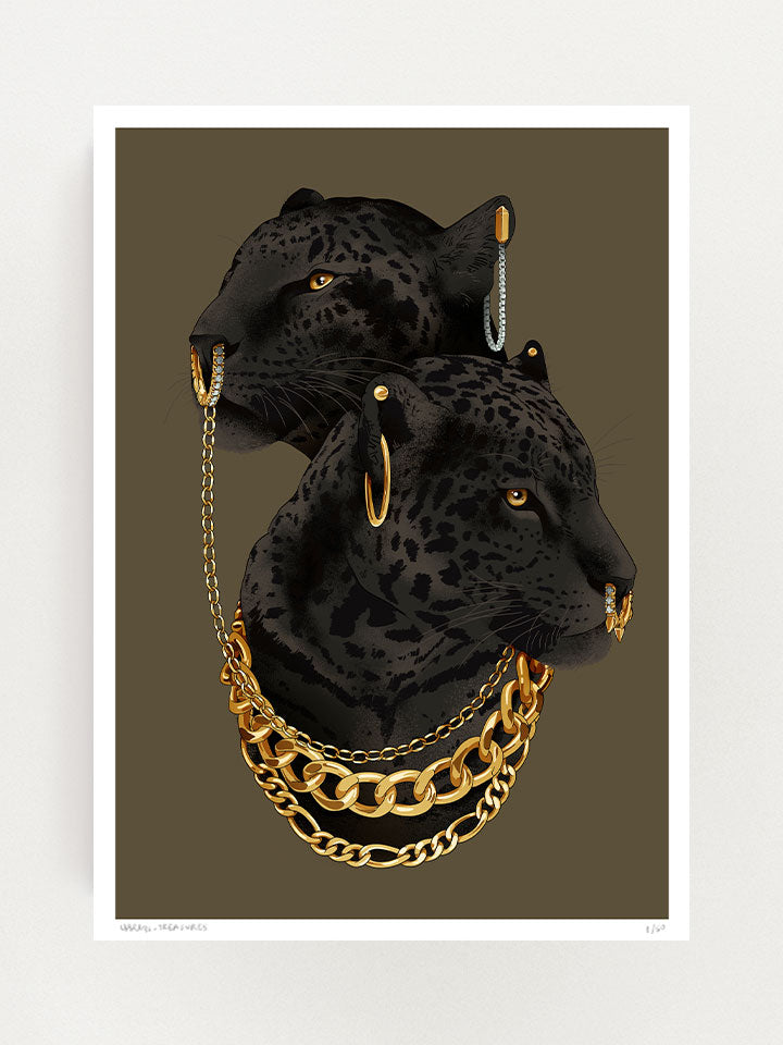 Print original wall art painting by Berlin-based artist Useless Treasures.​ a painting of two lover black panthers cover with gold jewellery and chains on a dark background.