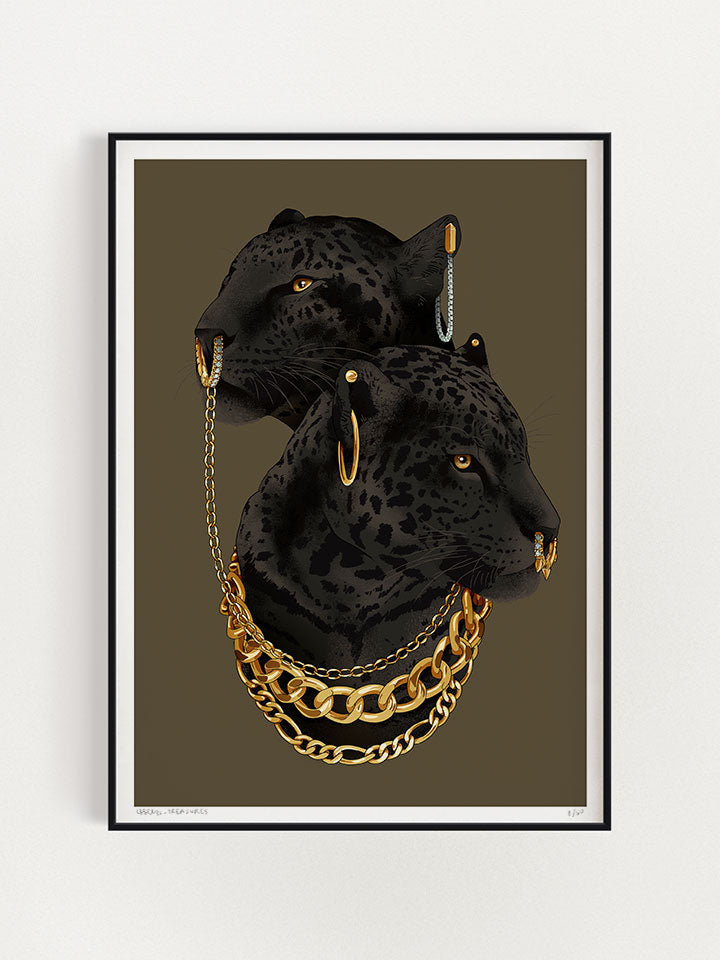 Print original wall art painting by Berlin-based artist Useless Treasures.​ a painting of two lover black panthers cover with gold jewellery and chains on a dark background.