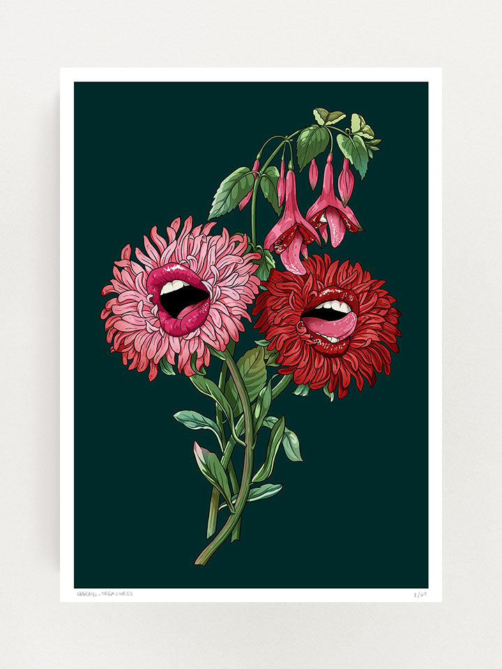 A surreal botanical illustration of two Chrysanthemum flowers and heart flowers with beautiful lips and tongue out.  on a light green or dark green background. A work by underground Berlin artist "Useless Treasures".