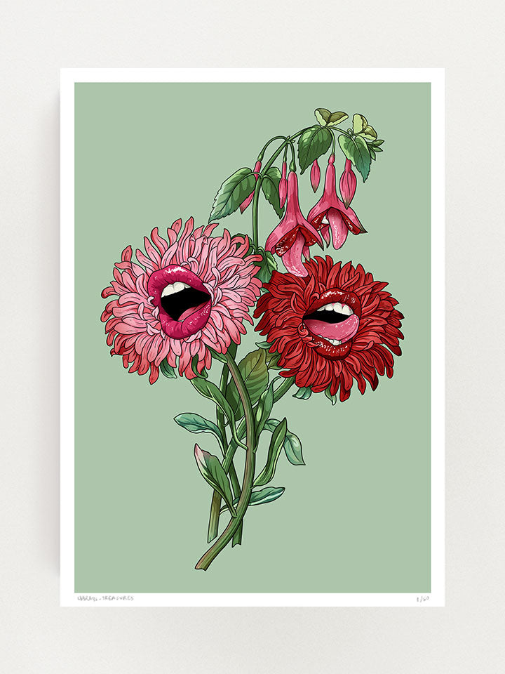 A surreal botanical illustration of two Chrysanthemum flowers and heart flowers with beautiful lips and tongue out.  on a light green or dark green background. A work by underground Berlin artist "Useless Treasures".