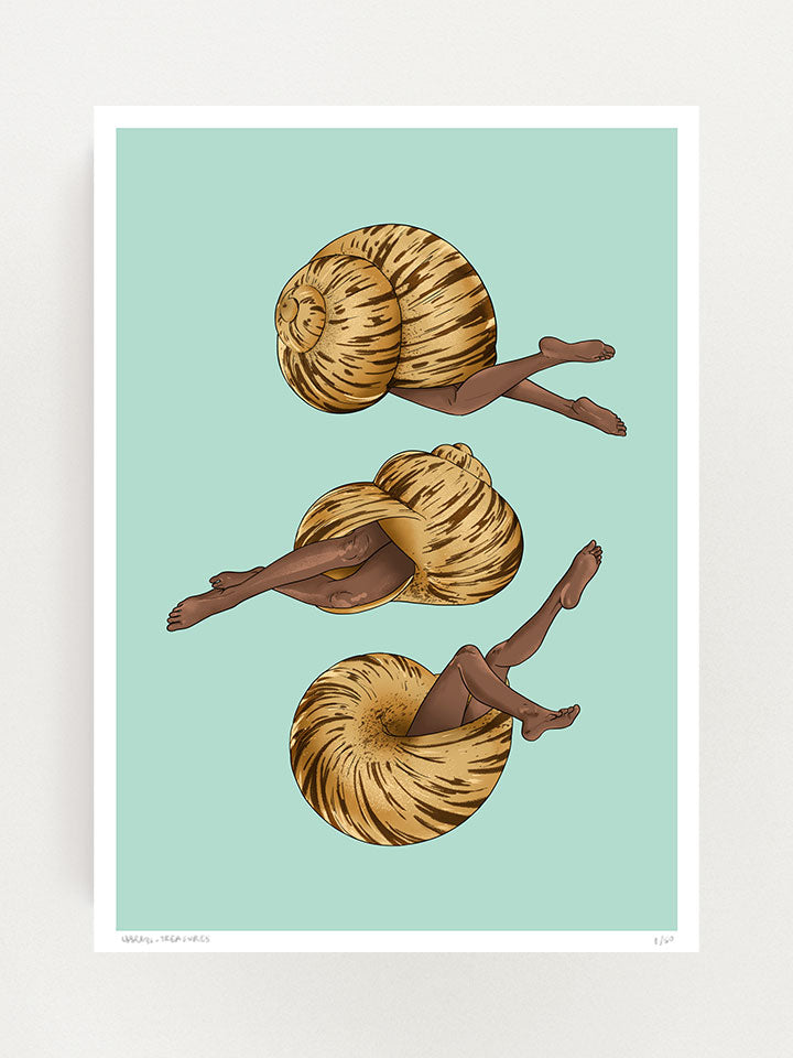 Print original wall art painting by Berlin-based artist Useless Treasures.​ vintage guide style illustration of three snail shells with woman legs on a light blue background. 