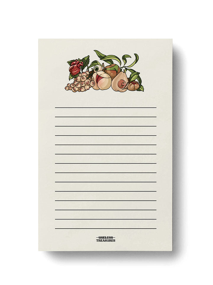 front view of a unique notepad with a humorous illustration decoration of different fruits as women's body parts, boobs and butts. 