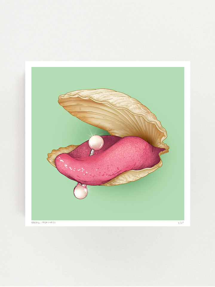 Mother of Pearl - Print original wall art painting by Berlin-based artist Useless Treasures. Pop art style illustration of a shell, oyster with a large tongue with a pearl piercing. 