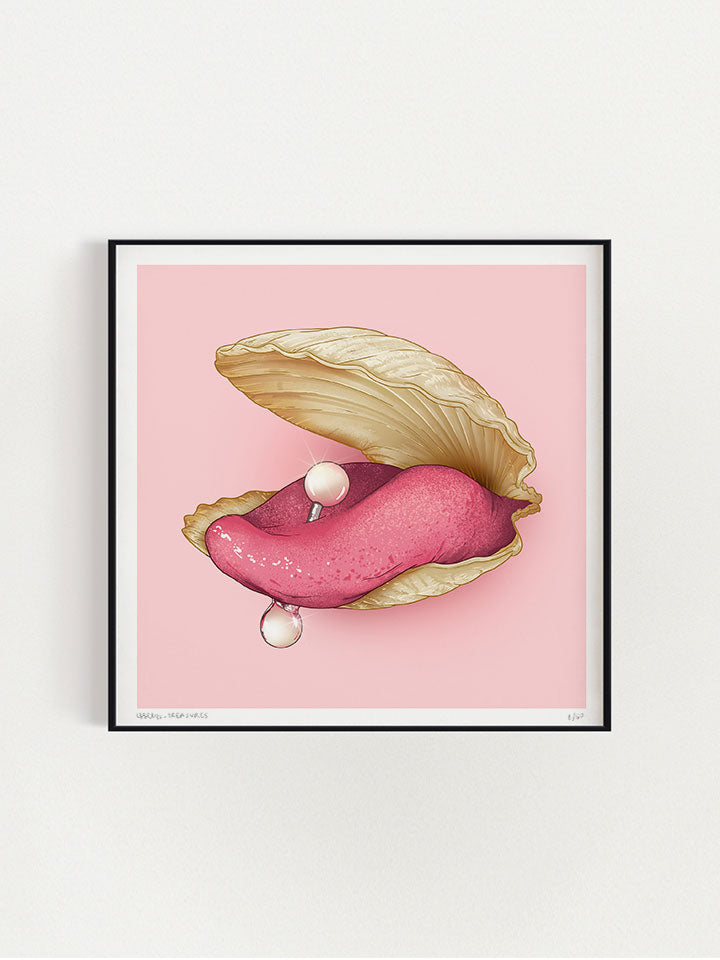 Mother of Pearl - Print original wall art painting by Berlin-based artist Useless Treasures. Pop art style illustration of a shell, oyster with a large tongue with a pearl piercing. 