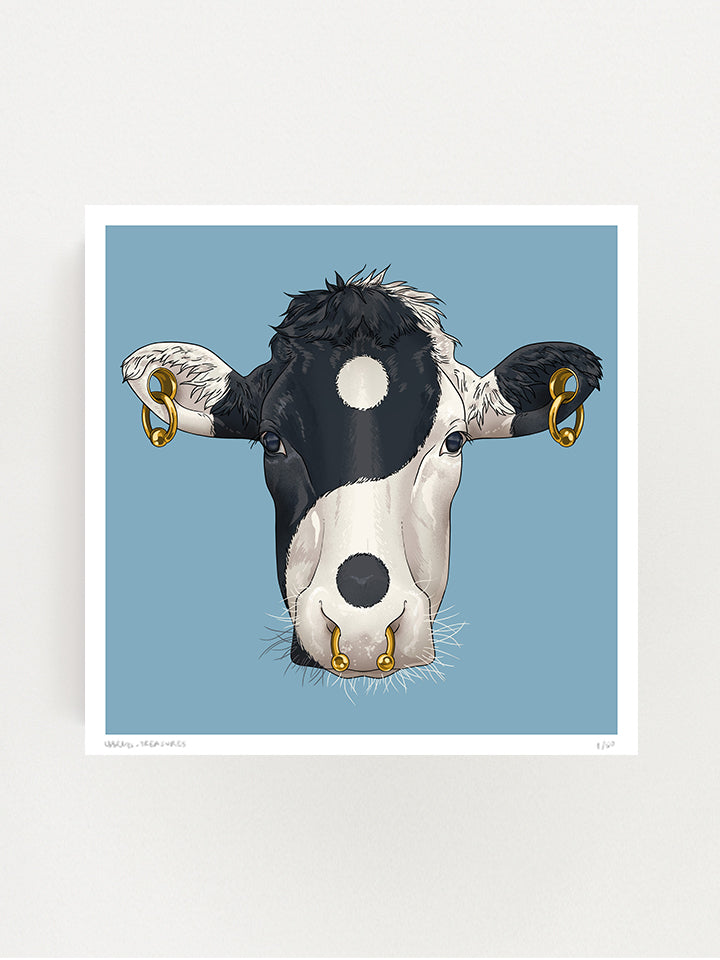 Print original wall art painting by Berlin-based artist Useless Treasures. Pop art style illustration of a cow head that looks like ing yang and gold piercing and jewelry 
