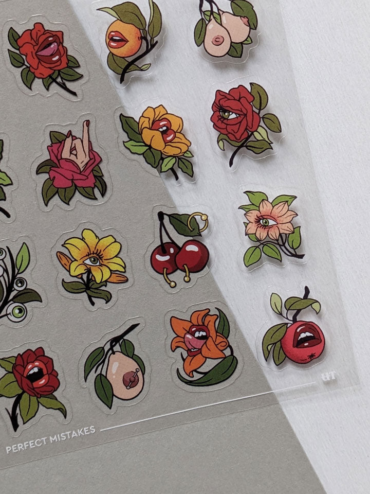 Original art sticker sheet, semi-transparent material. collection of surreal illustrations of different flowers by useless treasures. 