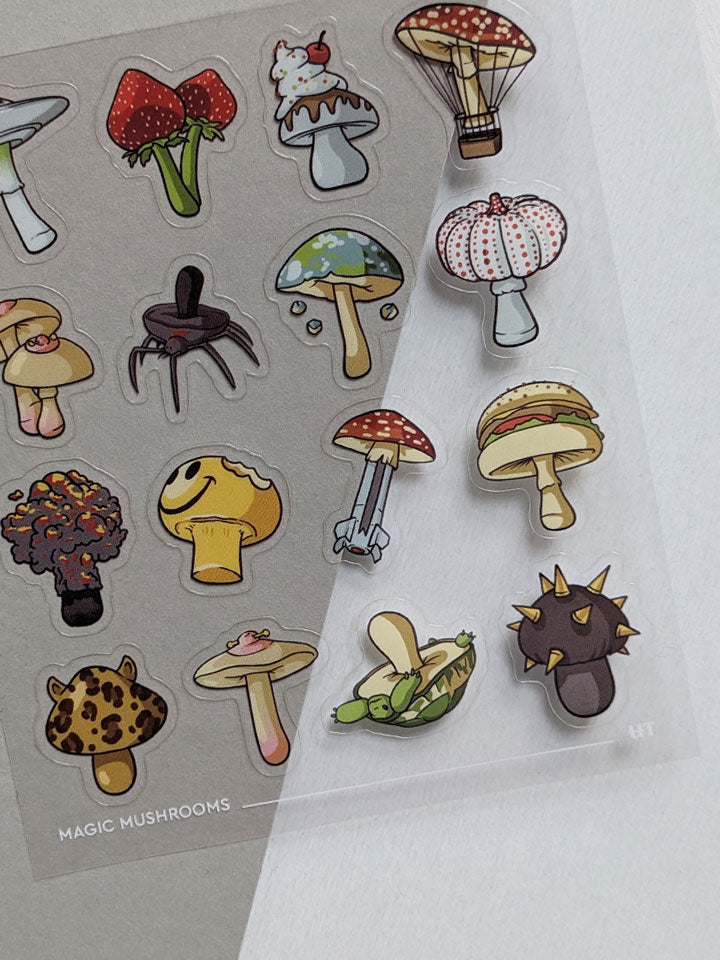 Original art sticker sheet, semi-transparent material. collection of surreal illustrations of different mushrooms, by useless treasures. 