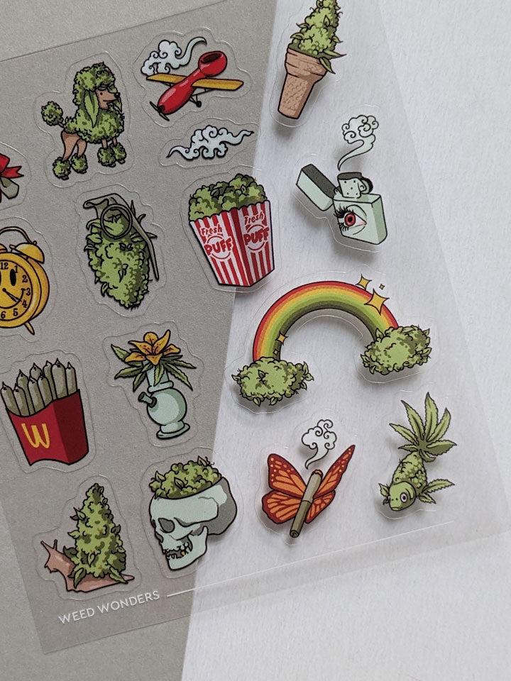 Original art sticker sheet, semi-transparent material. collection of surreal illustrations of weed, by useless treasures.