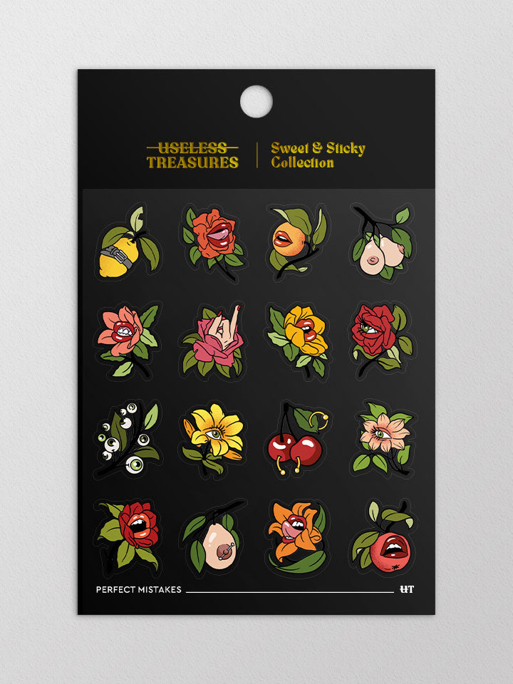 Packaged in black and gold paper Original art sticker sheet, semi-transparent material. collection of surreal illustrations of different flowers by useless treasures. 