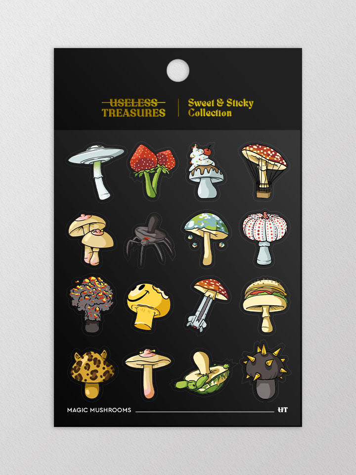 Packaged in black and gold paper Original art sticker sheet, semi-transparent material. collection of surreal illustrations of mushrooms by useless treasures. 