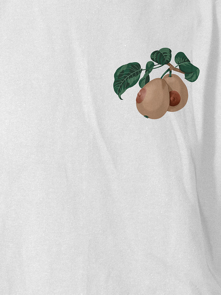 A close-up of a white printed t-shirt by useless treasures. Print of a small illustrated front detail of a pair of boobs hangs on a branch with green leaves. 