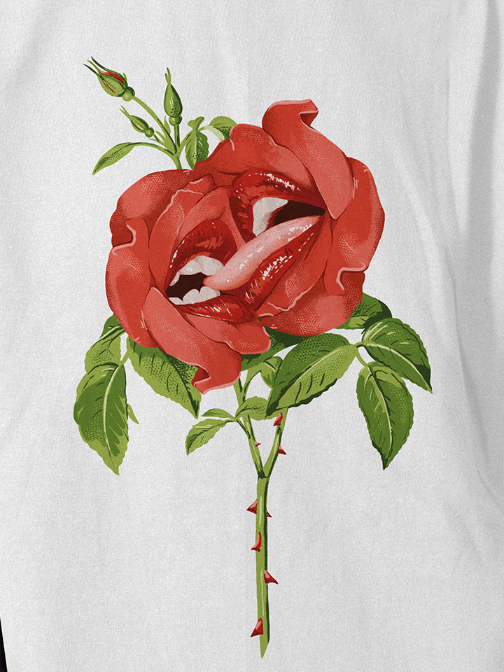 A close-up of a white printed t-shirt by useless treasures. Print of an illustrated red roses with big beautiful lips kissing.
