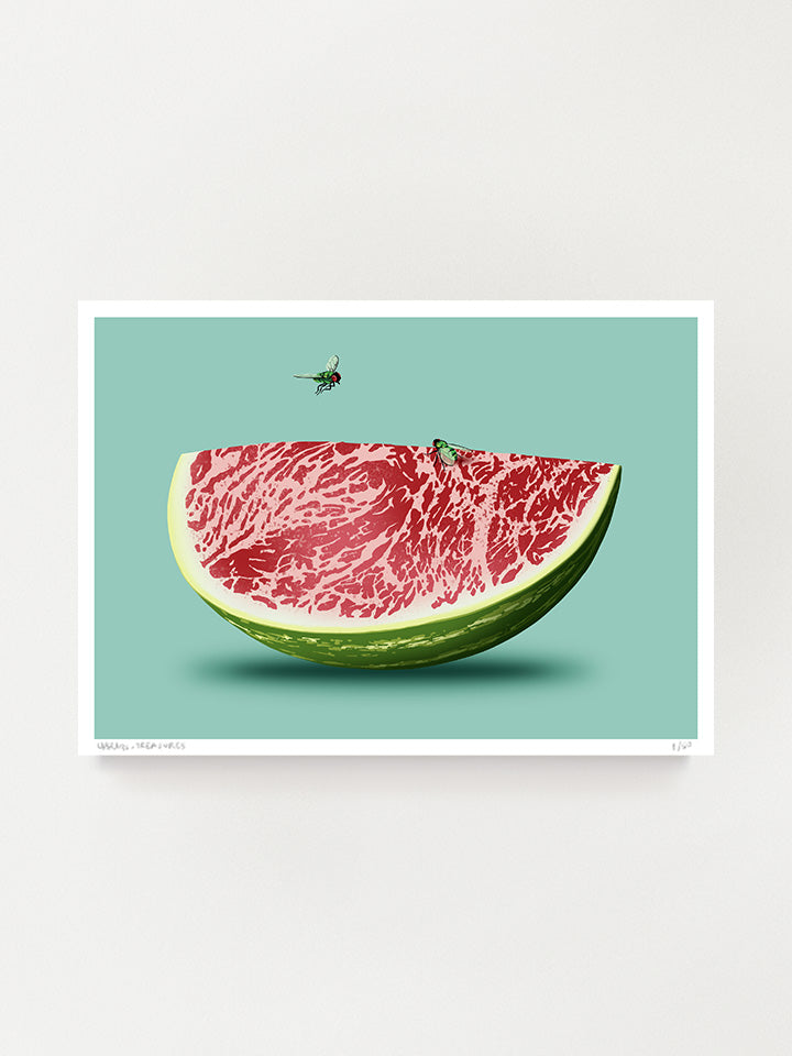 Print original wall art painting by Berlin-based artist Useless Treasures. Pop art style illustration of ​a wtermelon made of fresh meat and two flies above it. 