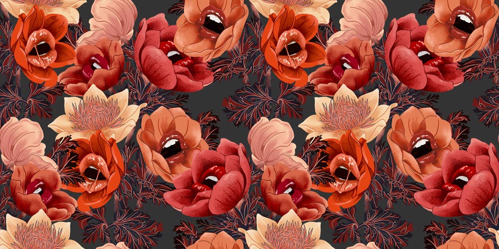 repeat pattern of pink and red flowers with lips on a dark gray background, designed by useless treasures. 