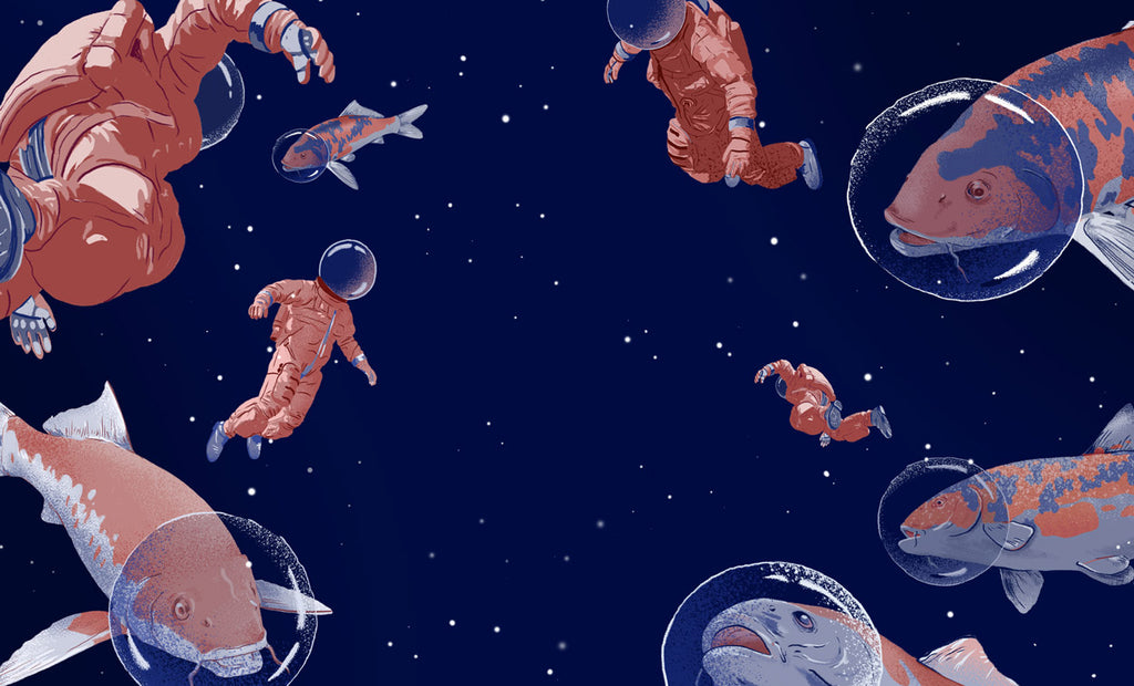 Pink astronauts are floating in space with giant koi fish with space masks. A surreal illustration by pop artist Useless Treasures. 