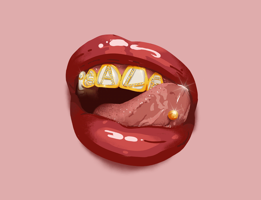 ​illustration of big full red lips smiling with gold teeth gril with diamonds spelling sale. art by useless treasures