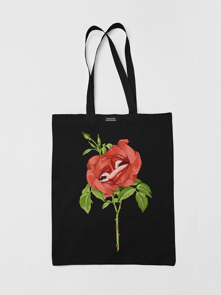 Printed black tote bag. Organic cotton shopping bag printed with useless treasures artwork. Two red roses kissing