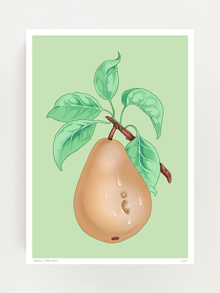 Juicy - Print wall art painting by Berlin-based artist Useless Treasures. Vintage-inspired botanical illustration of a juicy pear with a belly piercing on a light green background. 