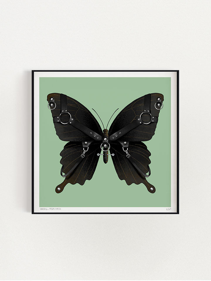 A black Butterfly illustration wearing a harness on his wings on top of a green background; his body is with piercings - Art by useless treasures.