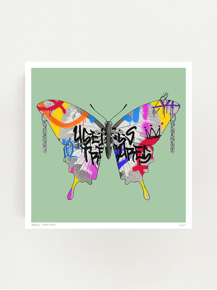 A Butterfly illustration with graffiti-colored wings on top of a green background, It was written on him also Useless Treasures, and his body and wings are with earrings and piercings - Art by useless treasures.