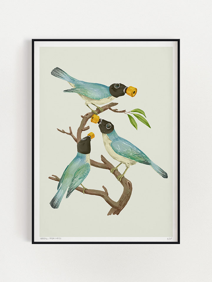 An illustration of three birds standing on a branch, all three birds are wearing a gas mask on top of a beige background- Art by useless treasures.