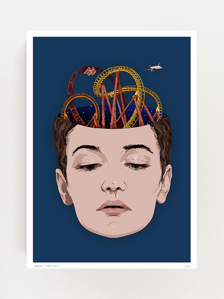 Mood swings - Print original wall art painting by Berlin-based artist Useless Treasures. A portrait of a young woman with a nose septum piercing and short hair with colorful roller coasters appearing in her head on a dark blue background.